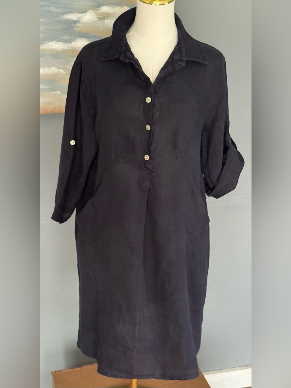 Elena Baldi Navy Linen 3/4 Roll Tab Sleeve 1/2 Button Shirt Dress Women's Large